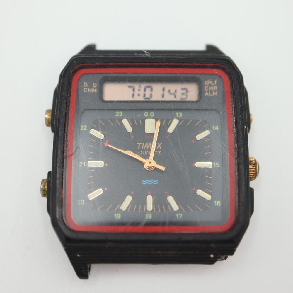 Vintage Timex Analog Digital Black Square Watch BROKEN LUG No Strap PARTS REPAIR